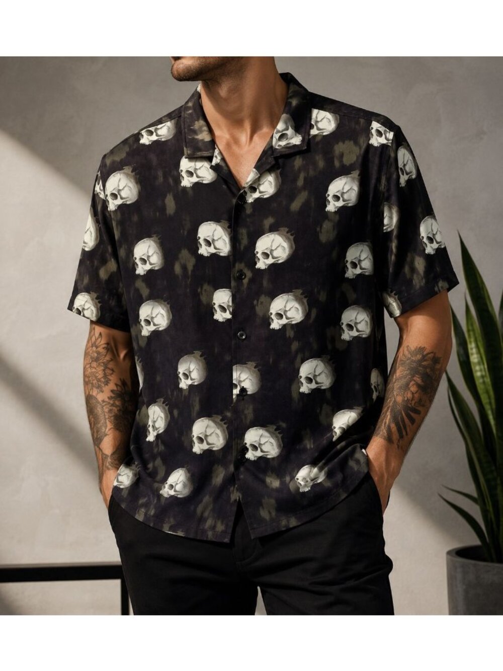 Forever 21 Shirt Skull Camp Gothic Streetwear Button Short Sleeve Black Mens L